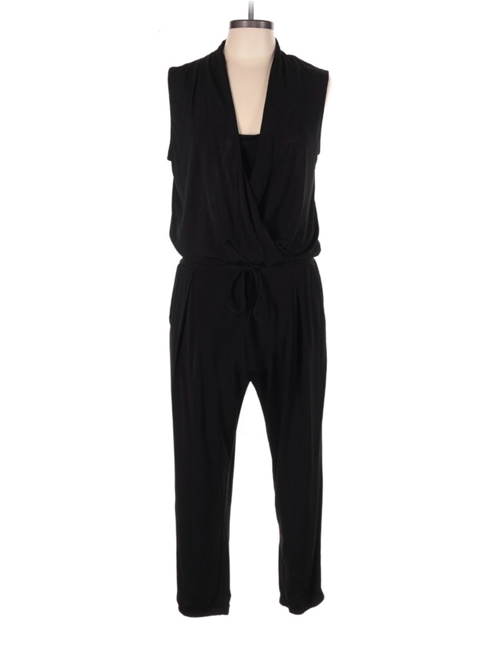 DKNYC Black Sleeveless Surplice Jumpsuit with Waist Tie Detail